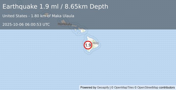 Earthquake 13 km NE of Honaunau-Napoopoo, Hawaii (1.9 ml) (2025-10-06 06:00:53 UTC)