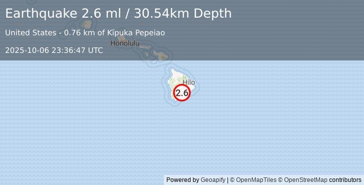 Earthquake 14 km NE of Pāhala, Hawaii (2.6 ml) (2025-10-06 23:36:47 UTC)