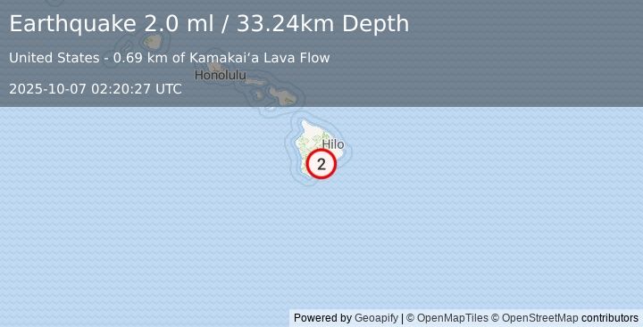 Earthquake 13 km ENE of Pāhala, Hawaii (2.0 ml) (2025-10-07 02:20:27 UTC)