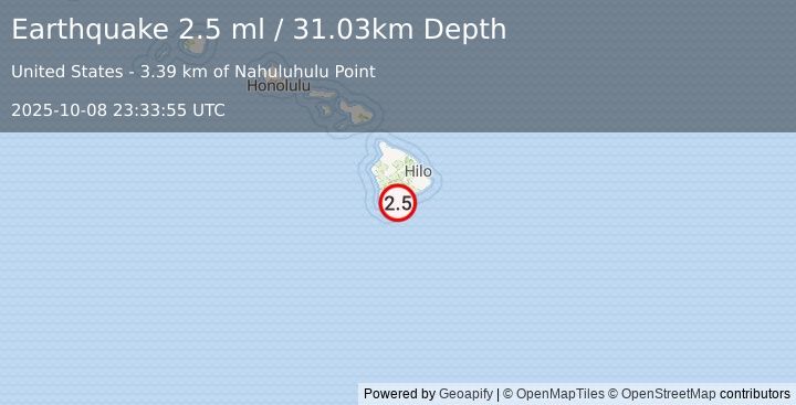 Earthquake 10 km S of Pāhala, Hawaii (2.5 ml) (2025-10-08 23:33:55 UTC)