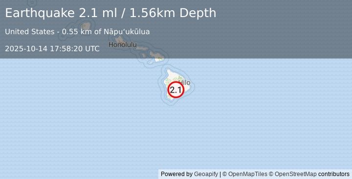 Earthquake 22 km N of Pāhala, Hawaii (2.1 ml) (2025-10-14 17:58:20 UTC)