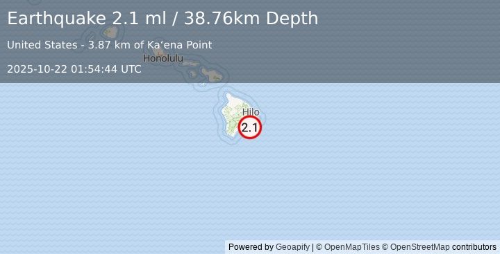 Earthquake 24 km S of Fern Forest, Hawaii (2.1 ml) (2025-10-22 01:54:44 UTC)