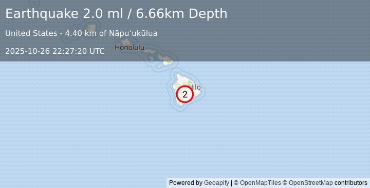 Earthquake 24 km N of Pāhala, Hawaii (2.0 ml) (2025-10-26 22:27:20 UTC)