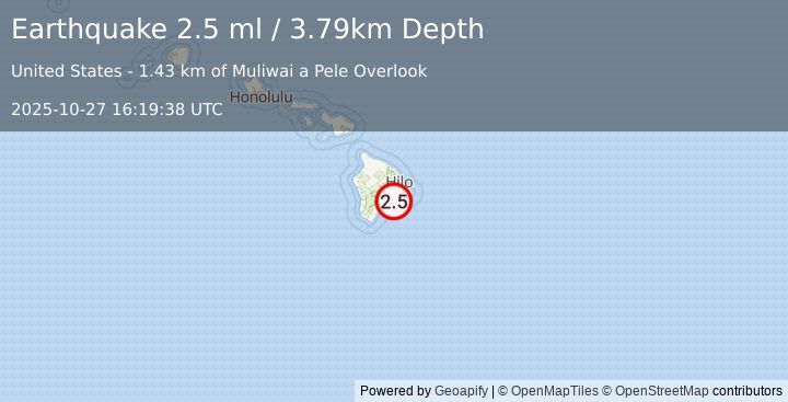 Earthquake 12 km SSE of Volcano, Hawaii (2.5 ml) (2025-10-27 16:19:38 UTC)