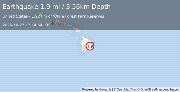 Earthquake 2 km WSW of Fern Forest, Hawaii (1.9 ml) (2025-10-27 17:14:54 UTC)