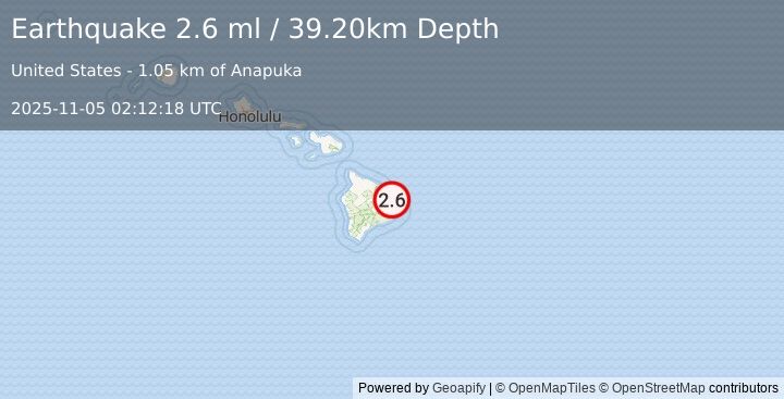 Earthquake 11 km E of Hilo, Hawaii (2.6 ml) (2025-11-05 02:12:18 UTC)