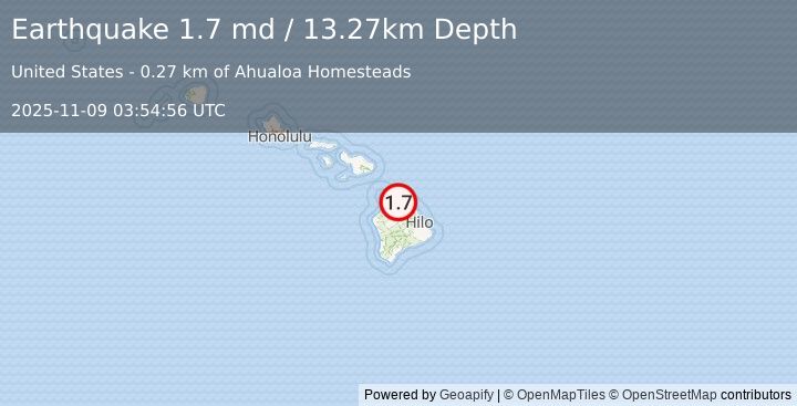 Earthquake 3 km SW of Honoka‘a, Hawaii (1.7 md) (2025-11-09 03:54:56 UTC)