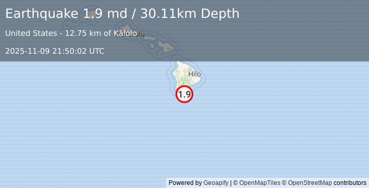 Earthquake 20 km SSE of Naalehu, Hawaii (1.9 md) (2025-11-09 21:50:02 UTC)