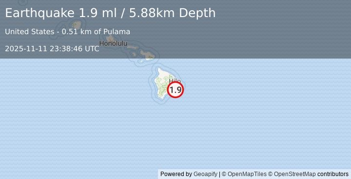 Earthquake 16 km SE of Fern Forest, Hawaii (1.9 ml) (2025-11-11 23:38:46 UTC)
