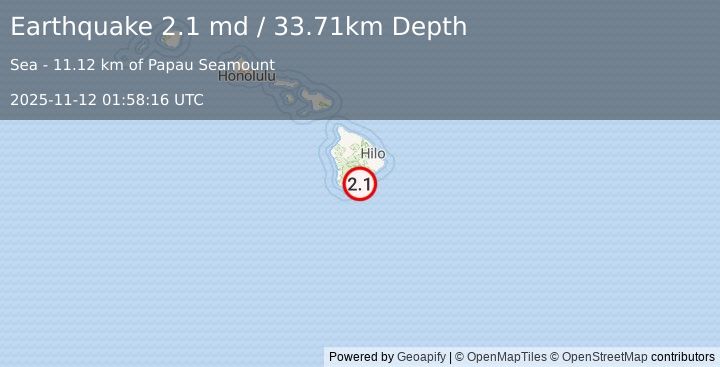 Earthquake 18 km SE of Pāhala, Hawaii (2.1 md) (2025-11-12 01:58:16 UTC)