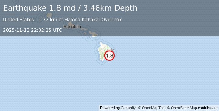 Earthquake 14 km S of Fern Forest, Hawaii (1.8 md) (2025-11-13 22:02:25 UTC)