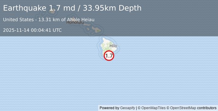 Earthquake 20 km ESE of Naalehu, Hawaii (1.7 md) (2025-11-14 00:04:41 UTC)