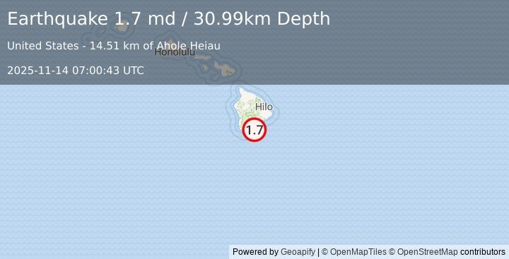 Earthquake 22 km E of Naalehu, Hawaii (1.7 md) (2025-11-14 07:00:43 UTC)