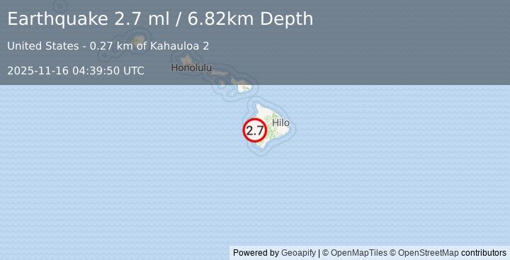 Earthquake 3 km NNW of Honaunau-Napoopoo, Hawaii (2.7 ml) (2025-11-16 04:39:50 UTC)