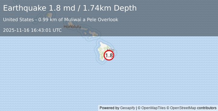 Earthquake 13 km SSE of Volcano, Hawaii (1.8 md) (2025-11-16 16:43:01 UTC)
