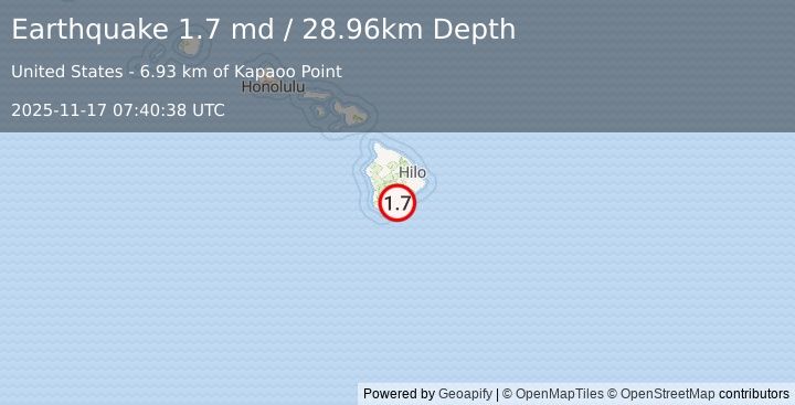 Earthquake 13 km SE of Pāhala, Hawaii (1.7 md) (2025-11-17 07:40:38 UTC)