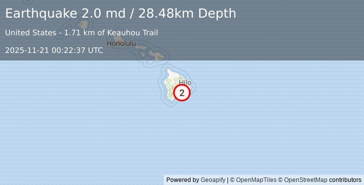 Earthquake 16 km S of Volcano, Hawaii (2.0 md) (2025-11-21 00:22:37 UTC)