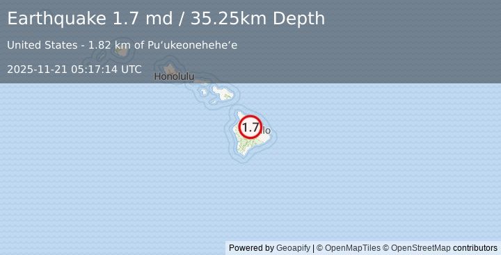 Earthquake 29 km SSW of Pa‘auilo, Hawaii (1.7 md) (2025-11-21 05:17:14 UTC)