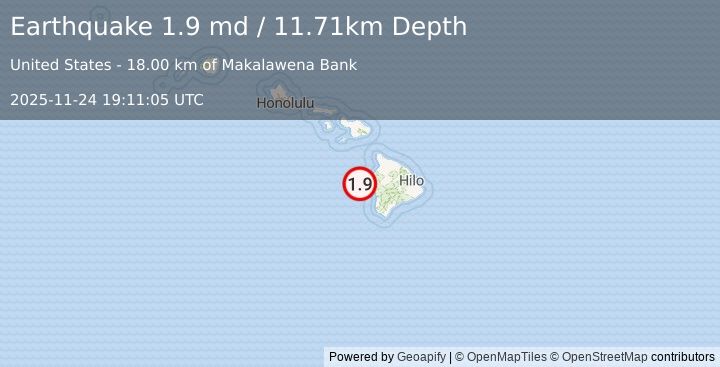 Earthquake 22 km W of Kailua-Kona, Hawaii (1.9 md) (2025-11-24 19:11:05 UTC)