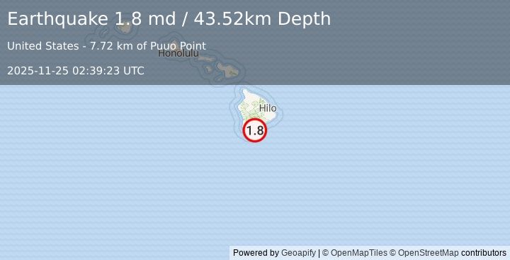 Earthquake 10 km E of Naalehu, Hawaii (1.8 md) (2025-11-25 02:39:23 UTC)