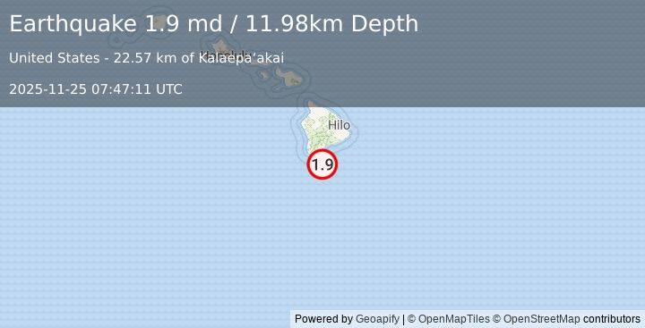 Earthquake 31 km SSE of Naalehu, Hawaii (1.9 md) (2025-11-25 07:47:11 UTC)