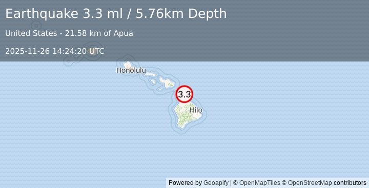 Earthquake 24 km N of Kukuihaele, Hawaii (3.3 ml) (2025-11-26 14:24:20 UTC)