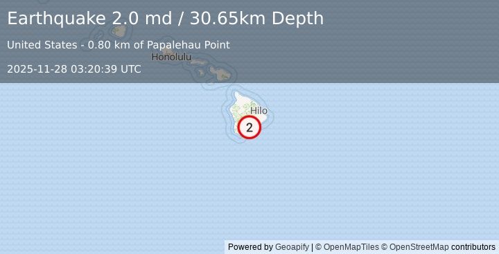 Earthquake 10 km E of Pāhala, Hawaii (2.0 md) (2025-11-28 03:20:39 UTC)