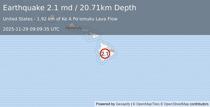 Earthquake 28 km W of Volcano, Hawaii (2.1 md) (2025-11-29 09:09:35 UTC)