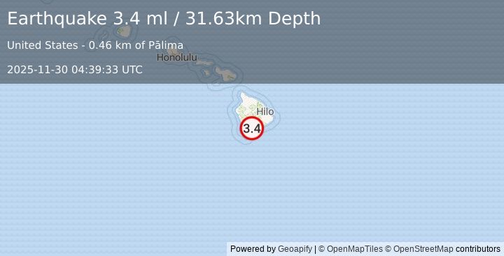 Earthquake 1 km WNW of Pāhala, Hawaii (3.4 ml) (2025-11-30 04:39:33 UTC)