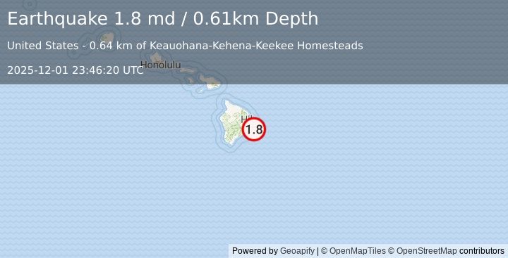 Earthquake 6 km SSW of Leilani Estates, Hawaii (1.8 md) (2025-12-01 23:46:20 UTC)