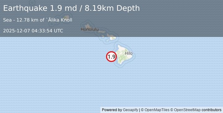 Earthquake 35 km WSW of Kailua-Kona, Hawaii (1.9 md) (2025-12-07 04:33:54 UTC)
