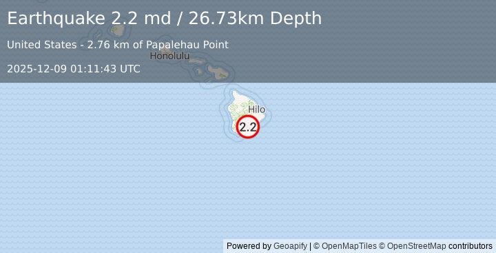 Earthquake 13 km E of Pāhala, Hawaii (2.2 md) (2025-12-09 01:11:43 UTC)