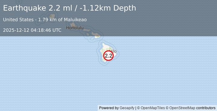 Earthquake 17 km WSW of Volcano, Hawaii (2.2 ml) (2025-12-12 04:18:46 UTC)