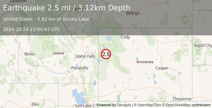 Earthquake 11 km E of Kelly, Wyoming (2.5 ml) (2024-10-24 23:00:43 UTC)