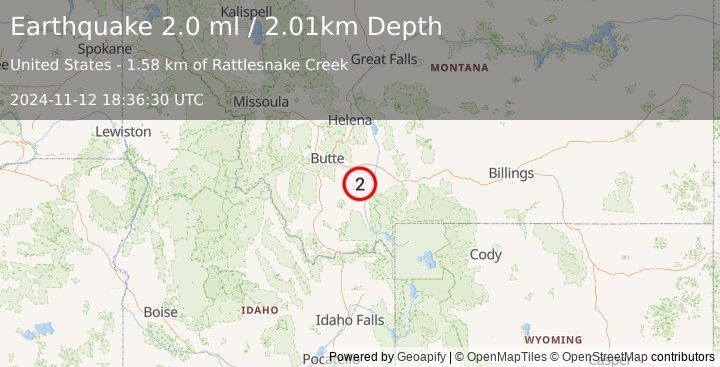 Earthquake 7 km SE of Pony, Montana (2.0 ml) (2024-11-12 18:36:30 UTC)