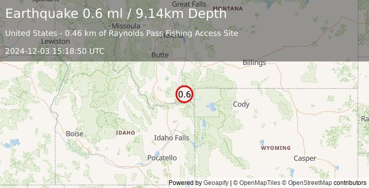 Earthquake 24 km WNW of Hebgen Lake Estates, Montana (0.6 ml) (2024-12-03 15:18:50 UTC)