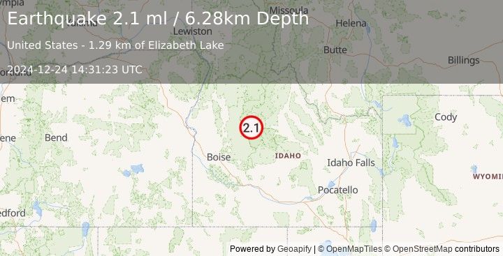 Earthquake 19 km WNW of Stanley, Idaho (2.1 ml) (2024-12-24 14:31:23 UTC)