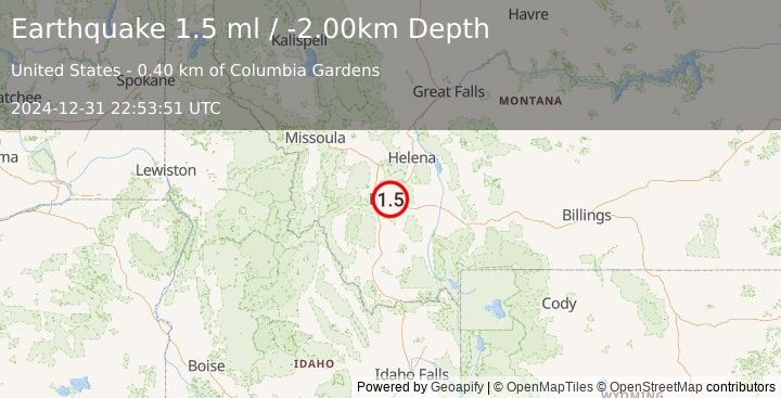 Earthquake 5 km E of Butte, Montana (1.5 ml) (2024-12-31 22:53:51 UTC)