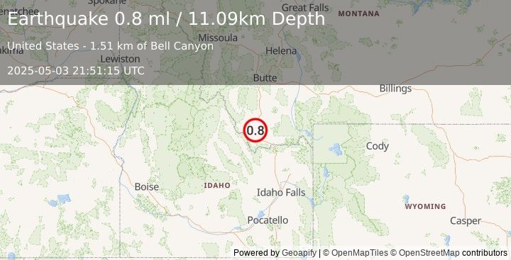 Earthquake 32 km NW of Lima, Montana (0.8 ml) (2025-05-03 21:51:15 UTC)