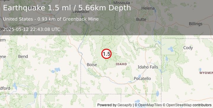 Earthquake 14 km WSW of Stanley, Idaho (1.5 ml) (2025-05-12 22:43:08 UTC)