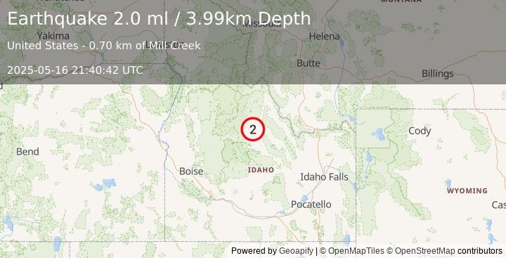 Earthquake 6 km NNW of Challis, Idaho (2.0 ml) (2025-05-16 21:40:42 UTC)