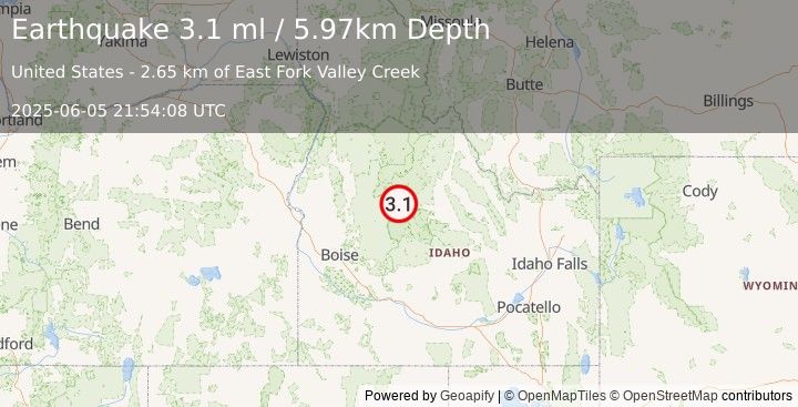 Earthquake 15 km NNW of Stanley, Idaho (3.1 ml) (2025-06-05 21:54:08 UTC)