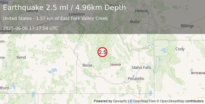Earthquake 16 km NNW of Stanley, Idaho (2.5 ml) (2025-06-06 17:17:54 UTC)