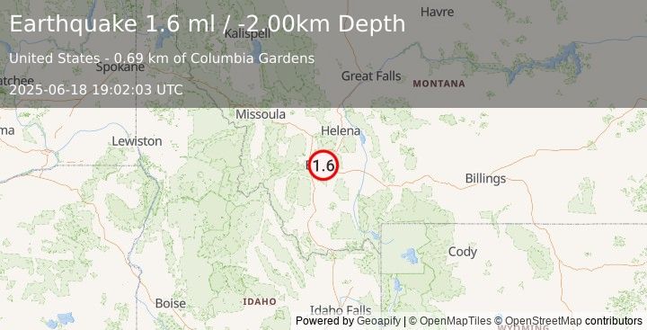 Earthquake 6 km E of Butte, Montana (1.6 ml) (2025-06-18 19:02:03 UTC)