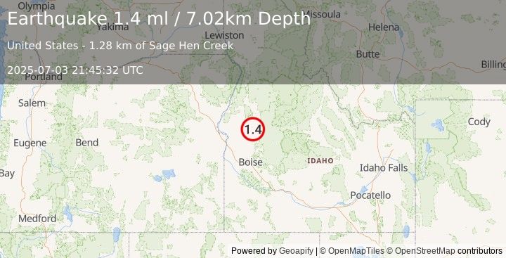 Earthquake 6 km NNW of Smiths Ferry, Idaho (1.4 ml) (2025-07-03 21:45:32 UTC)