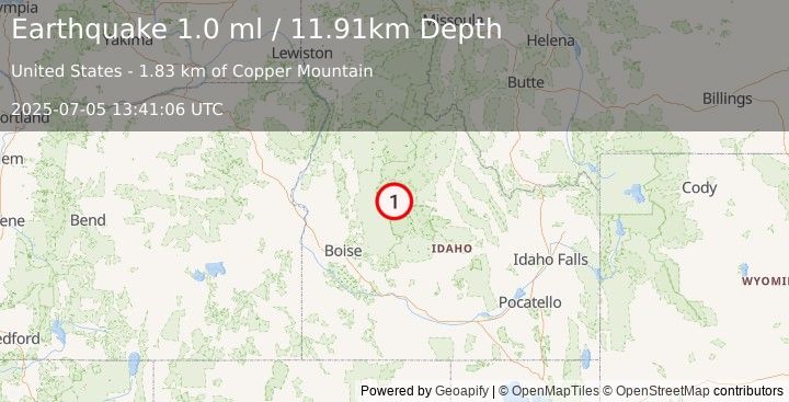 Earthquake 21 km WNW of Stanley, Idaho (1.0 ml) (2025-07-05 13:41:06 UTC)