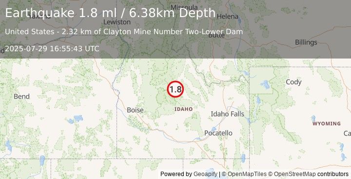 Earthquake 2 km NE of Clayton, Idaho (1.8 ml) (2025-07-29 16:55:43 UTC)
