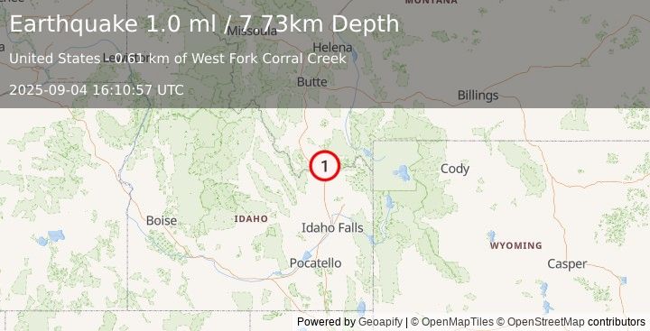 Earthquake 23 km N of Spencer, Idaho (1.0 ml) (2025-09-04 16:10:57 UTC)