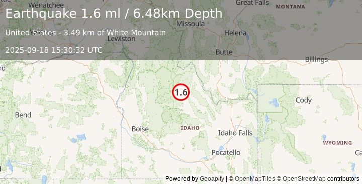 Earthquake 32 km NNW of Challis, Idaho (1.6 ml) (2025-09-18 15:30:32 UTC)