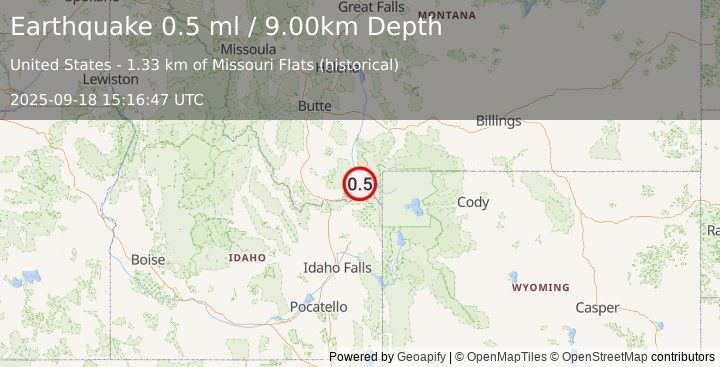 Earthquake 27 km W of Hebgen Lake Estates, Montana (0.5 ml) (2025-09-18 15:16:47 UTC)